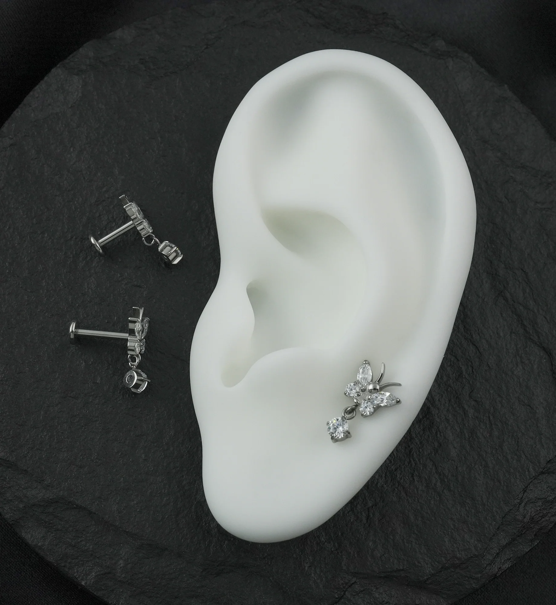 Butterfly Clear CZ Dangle Internally Threaded Titanium Labret - Mrs Treak