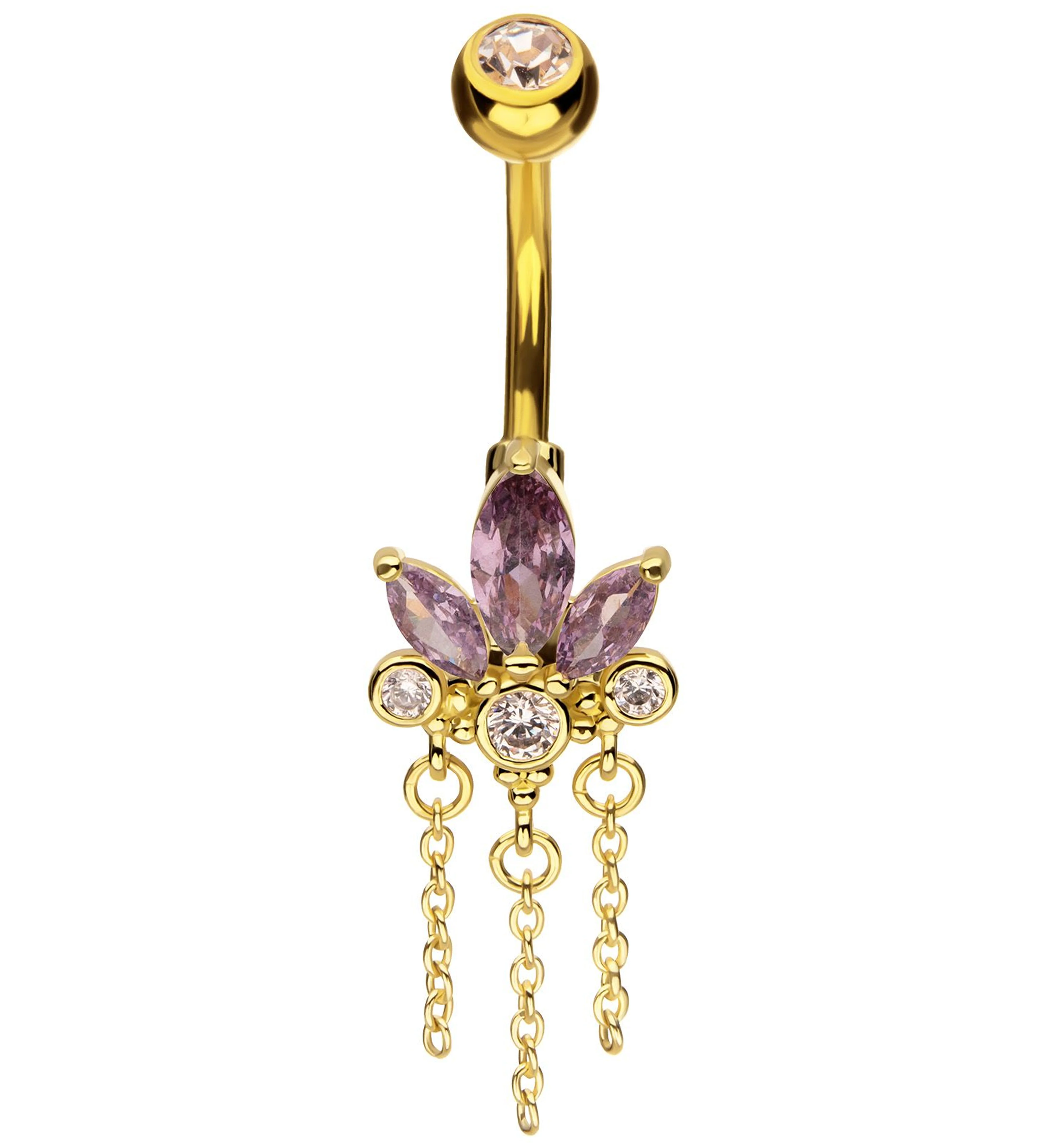 Gold PVD Lotus Flower Amethyst CZ Triple Chain Dangle Stainless Steel Belly Button Ring - Mrs Treak