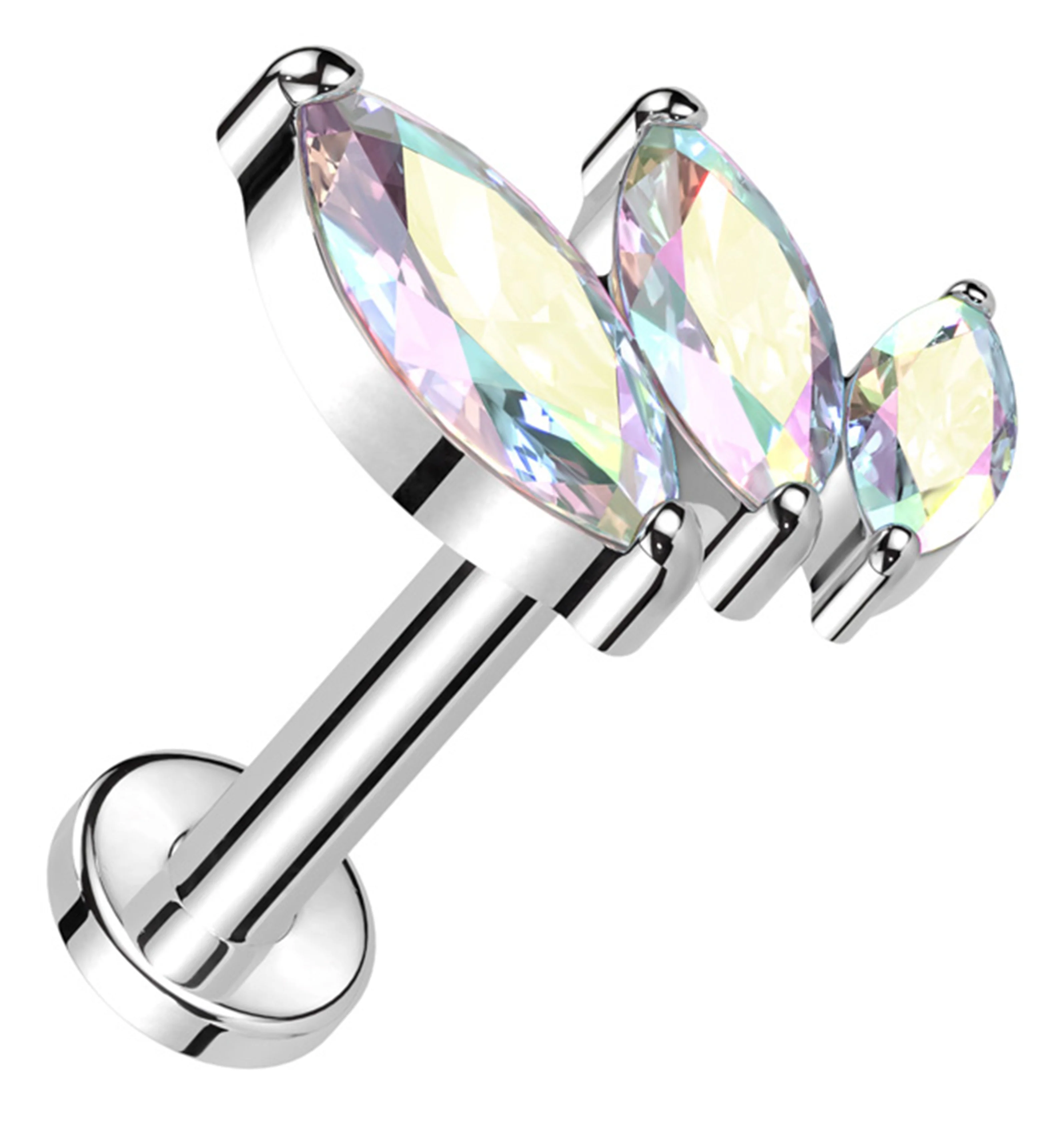 Triple Marquise Rainbow Aurora CZ Titanium Threadless Labret - Mrs Treak