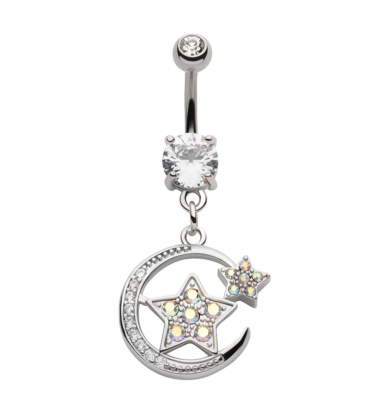 Moon and Stars Rainbow Aurora CZ Stainless Steel Belly Button Ring - Mrs Treak