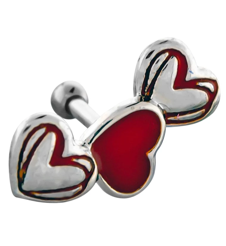Triple Red Heart CZ Cartilage Barbell - Mrs Treak