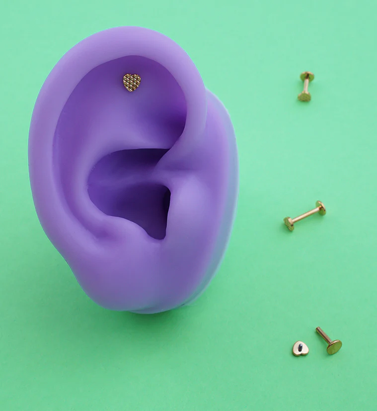 Gold PVD Beaded Heart Internally Threaded Titanium Labret - Mrs Treak