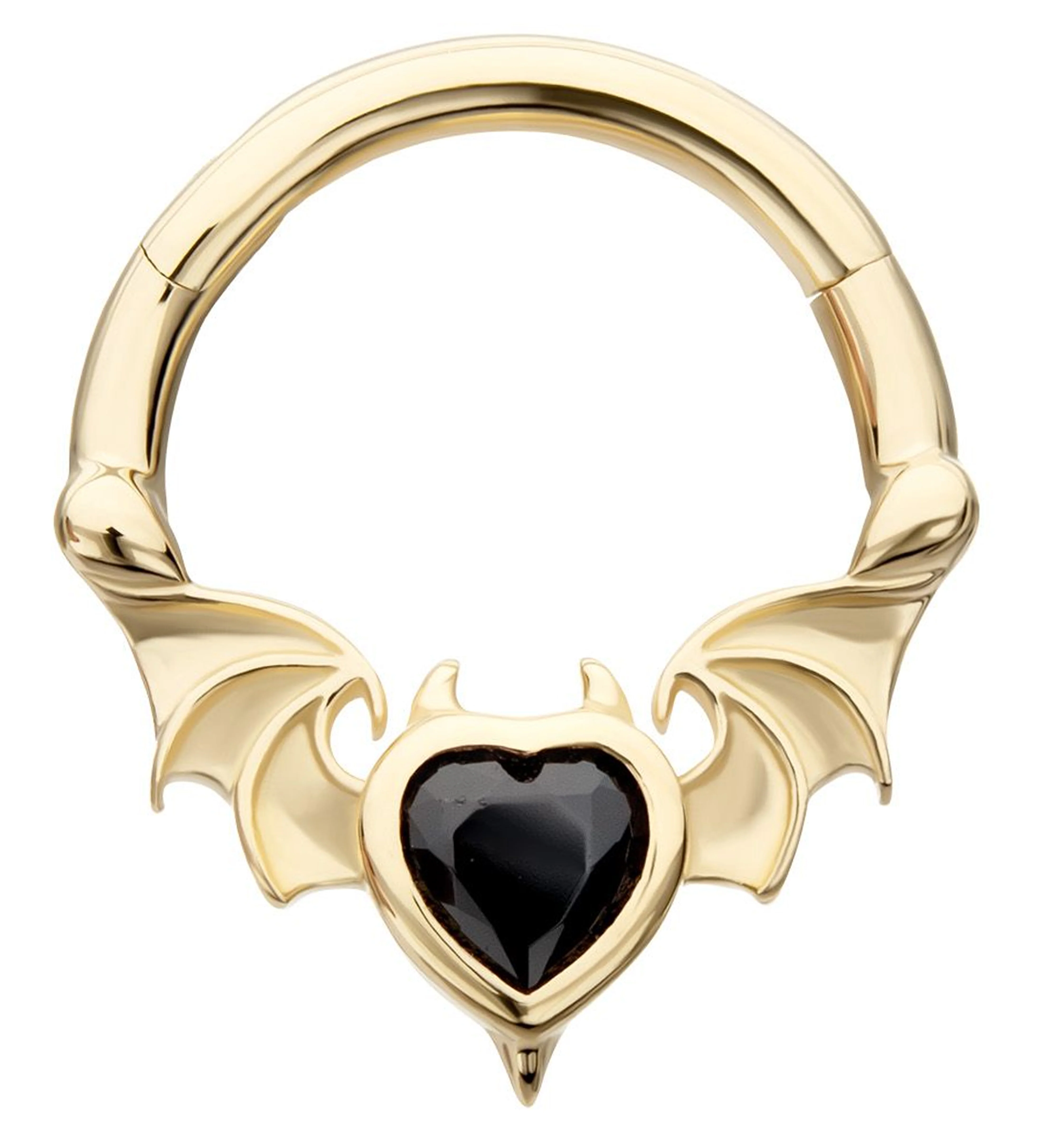 14kt Gold Devilish Bat Wings Black Heart CZ Hinged Segment Ring - Mrs Treak