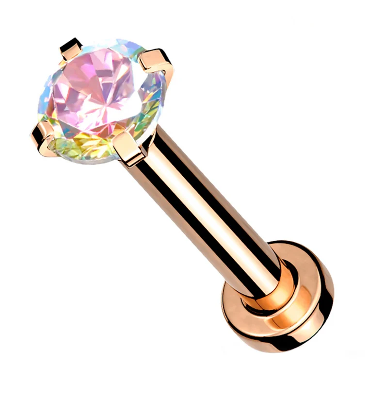 Rose Gold PVD Internally Threaded Rainbow Aurora CZ Prong Mini Disc Labret - Mrs Treak