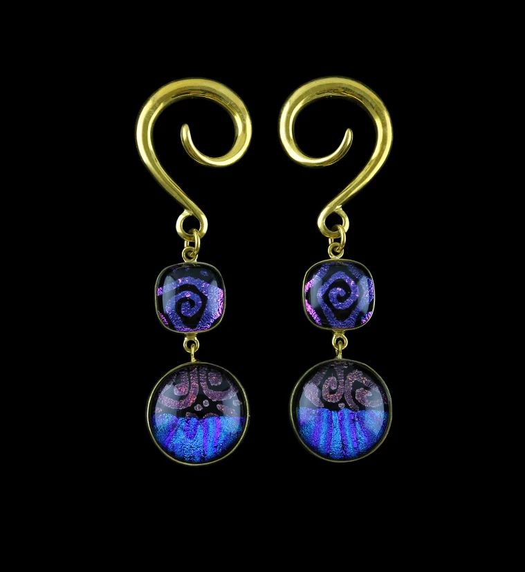 Blurple Spiral Glass Cab Brass Ear Weights - Mrs Treak