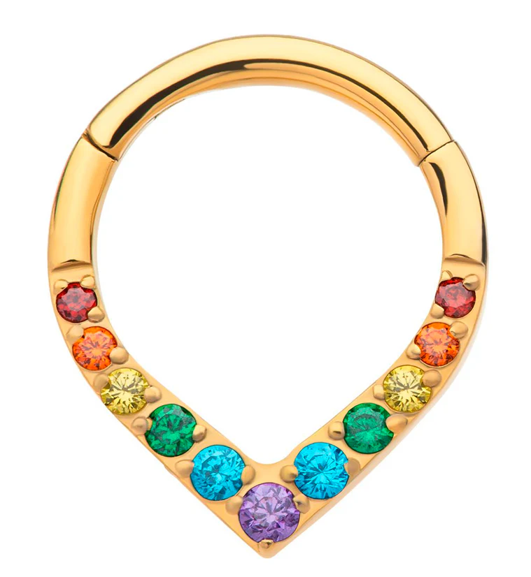 24kt Gold PVD Point Rainbow CZ Titanium Hinged Segment Ring - Mrs Treak