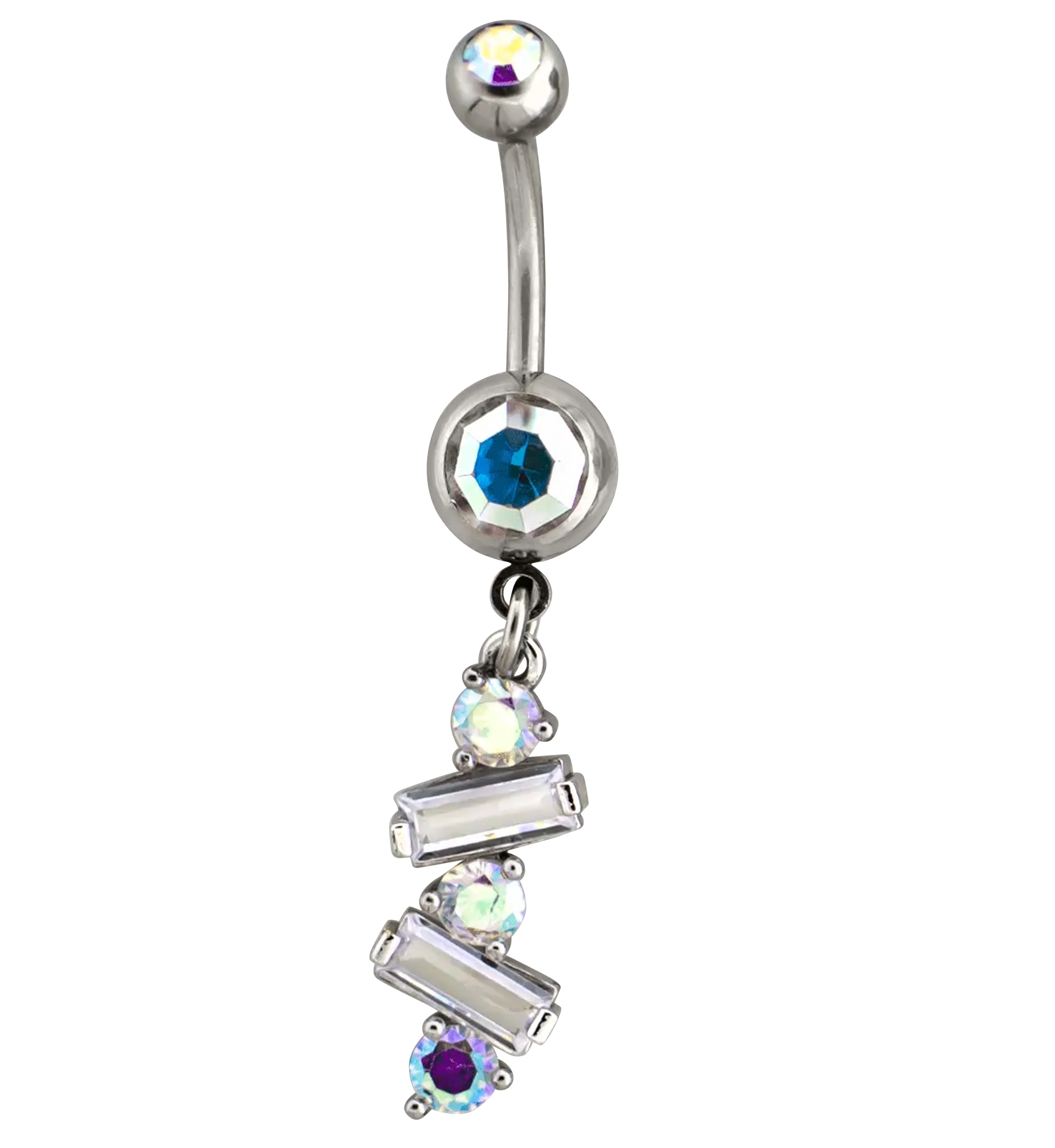 Alternate Baguette Rainbow Aurora CZ Dangle Stainless Steel Belly Button Ring - Mrs Treak