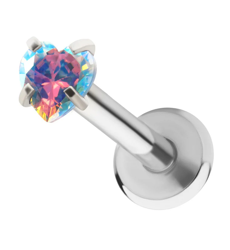 Heart Rainbow Aurora CZ Stainless Steel Internally Threaded Labret - Mrs Treak