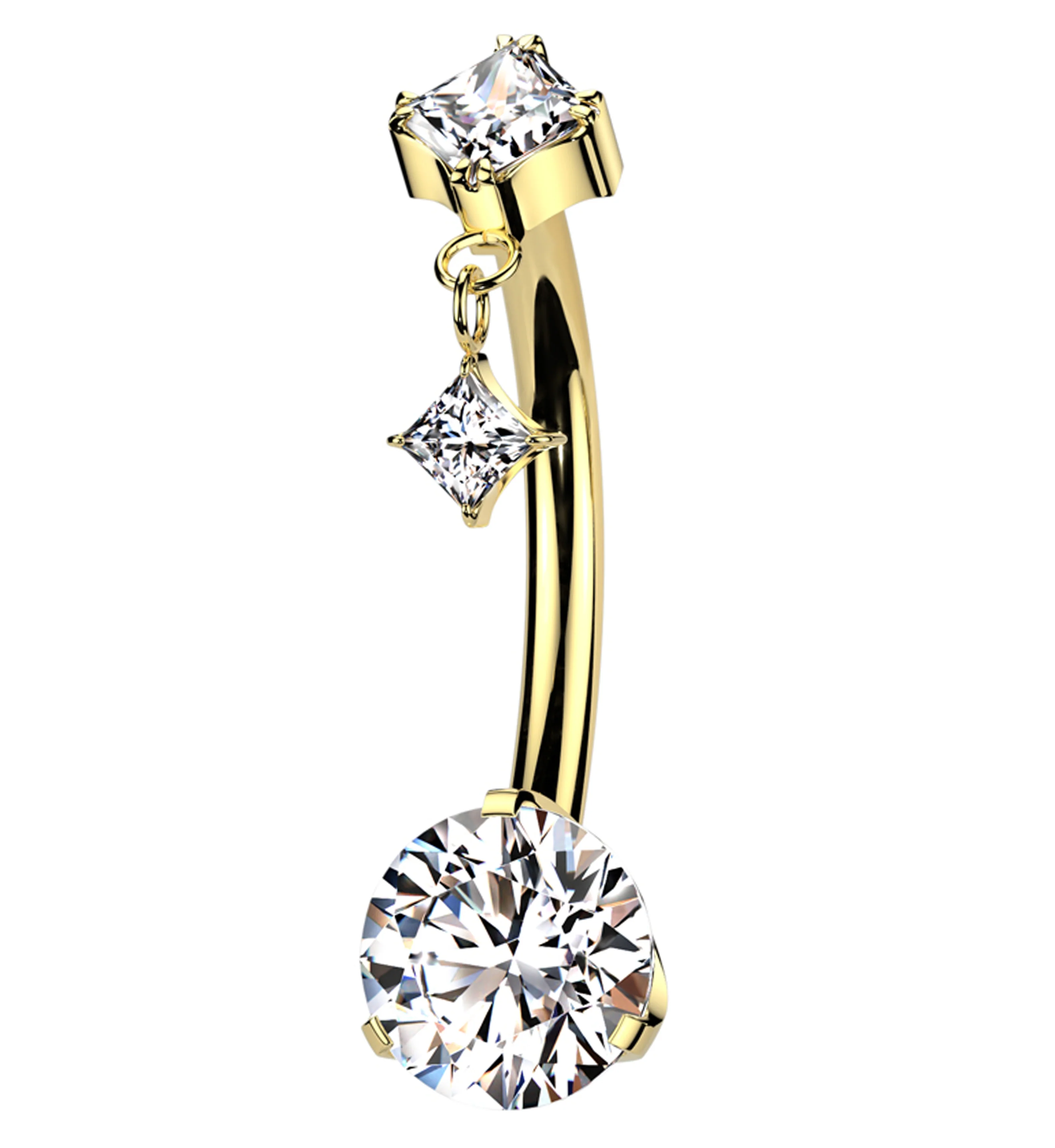 Gold PVD Rhombus Dangle Clear CZ Titanium Threadless Belly Button Ring - Mrs Treak