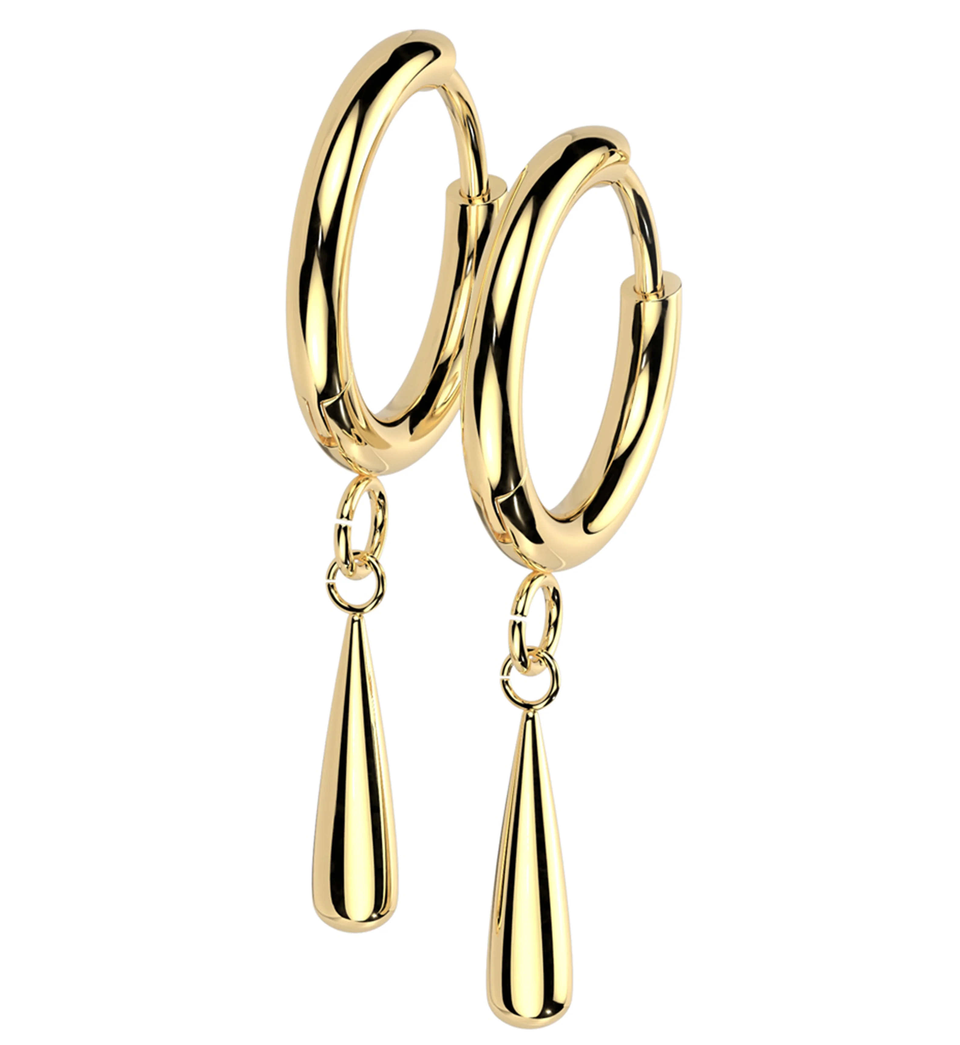 Gold PVD Titanium Teardrop Dangle Hinged Hoop Huggie Earrings - Mrs Treak
