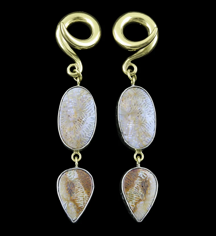 Double Fossilized Coral Ear Weights - Mrs Treak