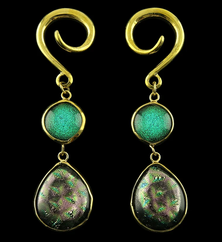 Enchanted Forest Double Teardrop Dichroic Glass Brass Ear Weights - Mrs Treak