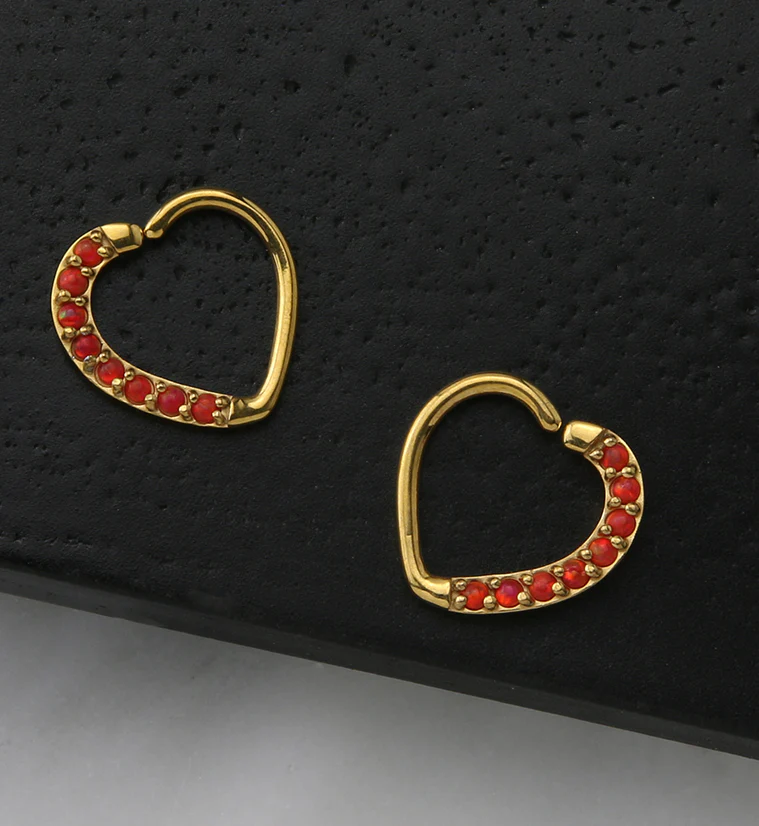 16G Gold PVD Red Opalite Annealed Heart Daith - Cartilage Ring - Mrs Treak