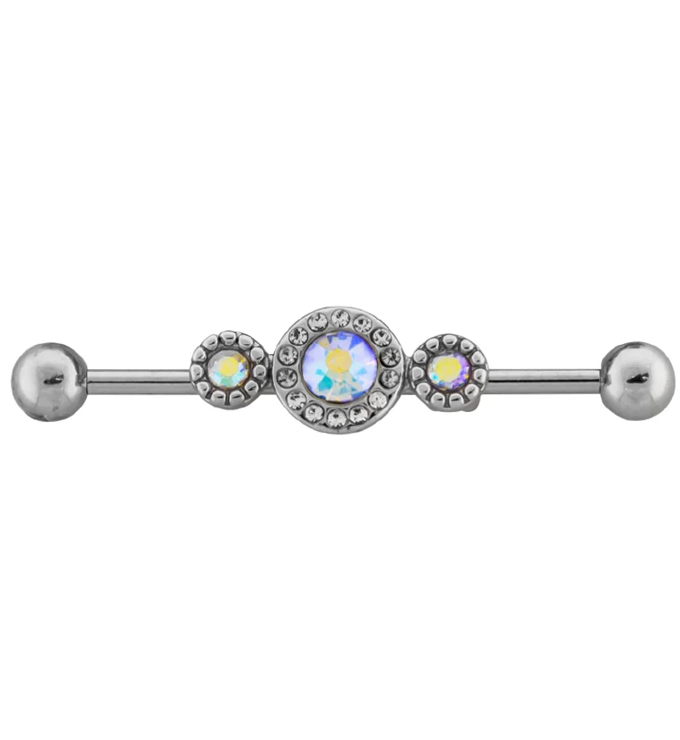 Triple Rainbow Aurora Swarovski CZ Stainless Steel Industrial Barbell - Mrs Treak