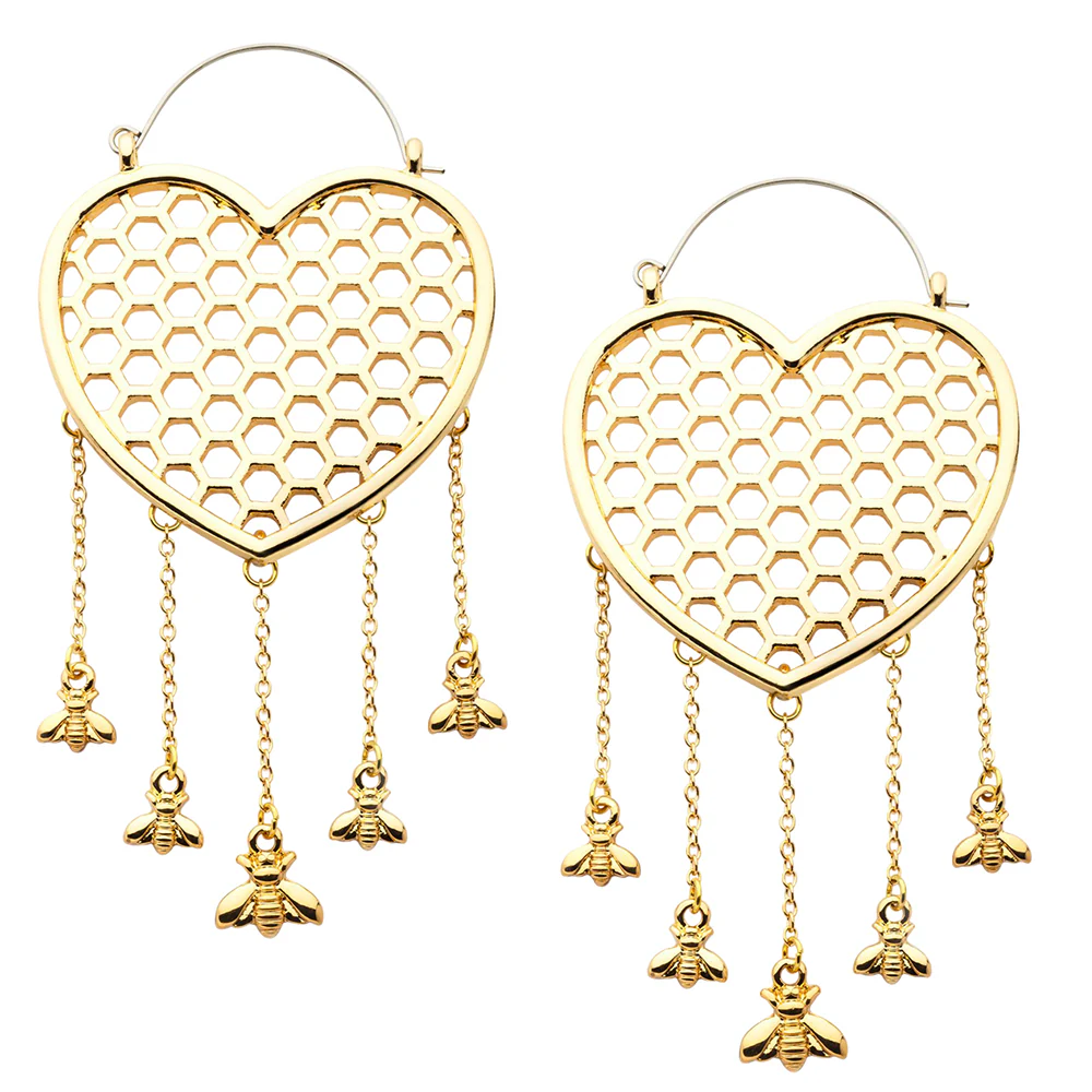 Golden Heart Honeycomb Dangle Bee Stainless Steel Plug Hoops - Mrs Treak