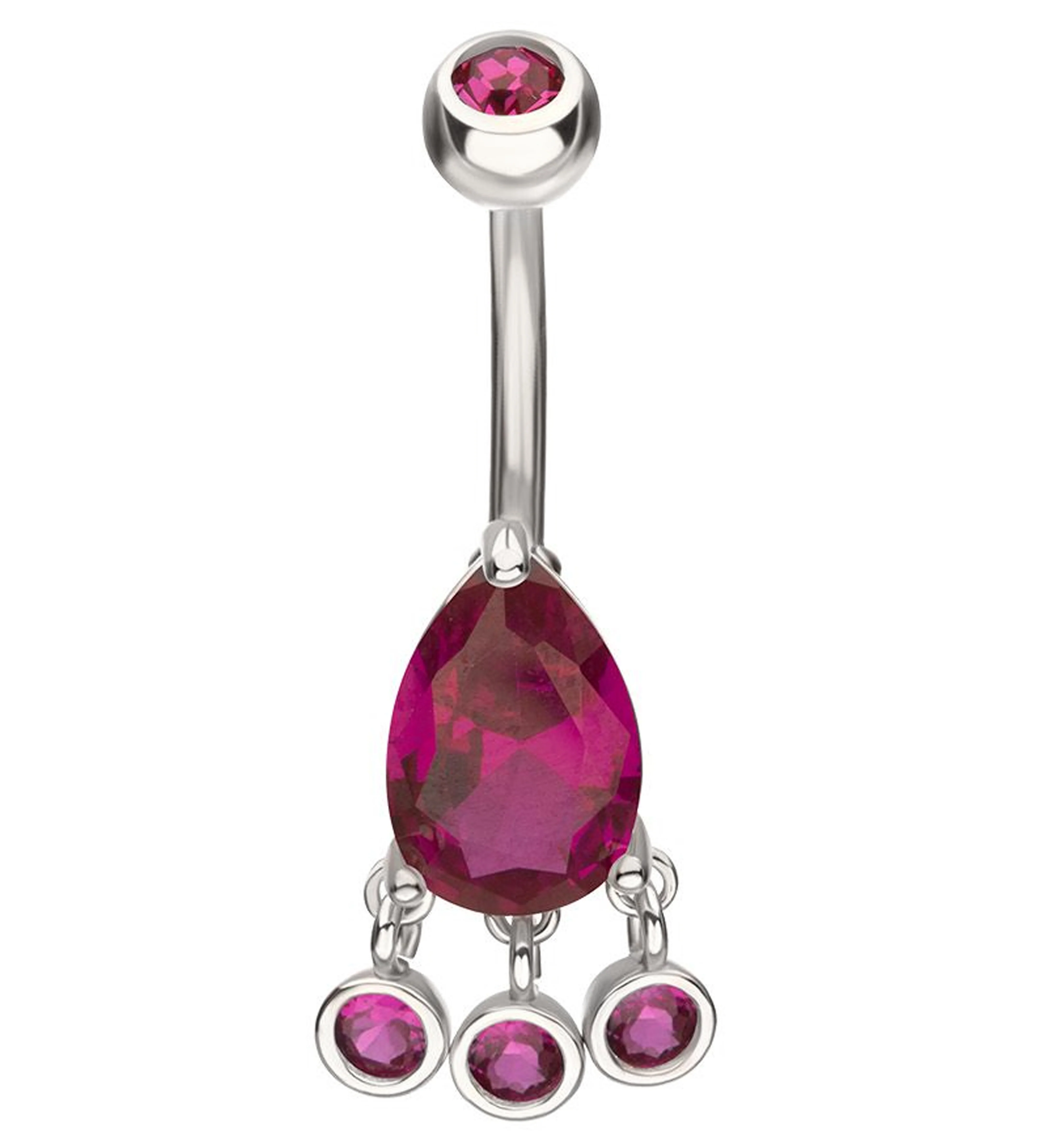 Teardrop Fuchsia CZ Triple Bezel Dangle Stainless Steel Belly Button Ring - Mrs Treak
