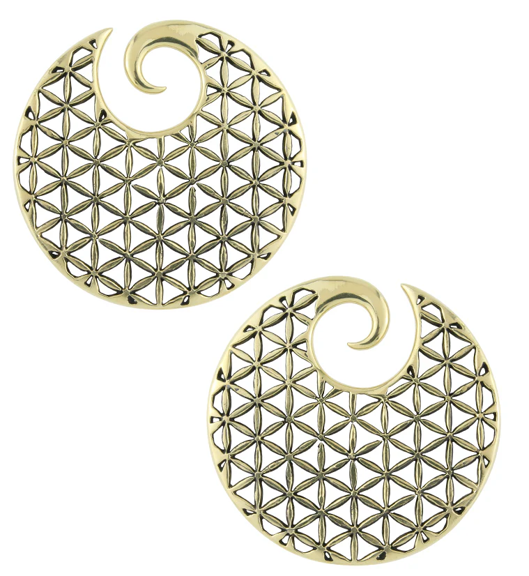 Flower Of Life Cut Out Disk Brass Hinged Ear Weights - Mrs Treak