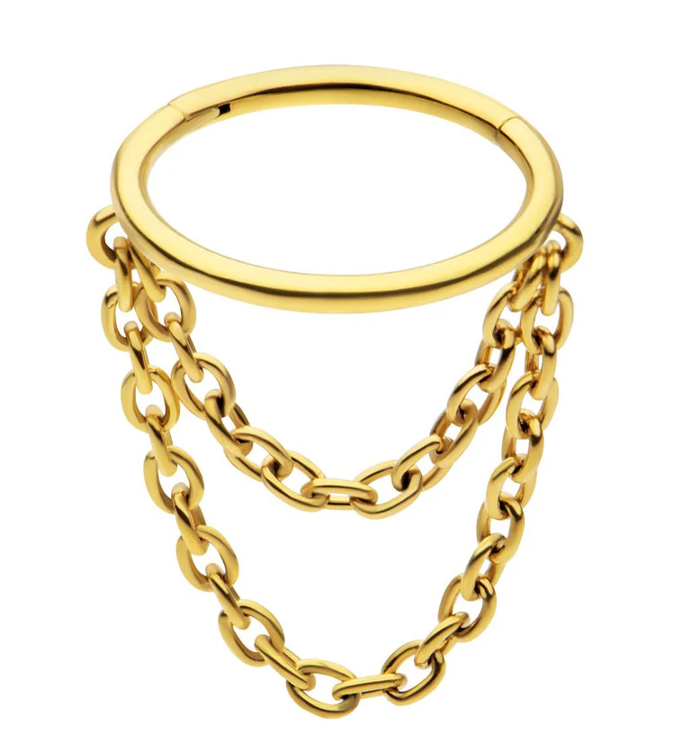 Gold PVD Abaft Double Dangle Chain Hinged Segment Ring Stainless Steel - Mrs Treak