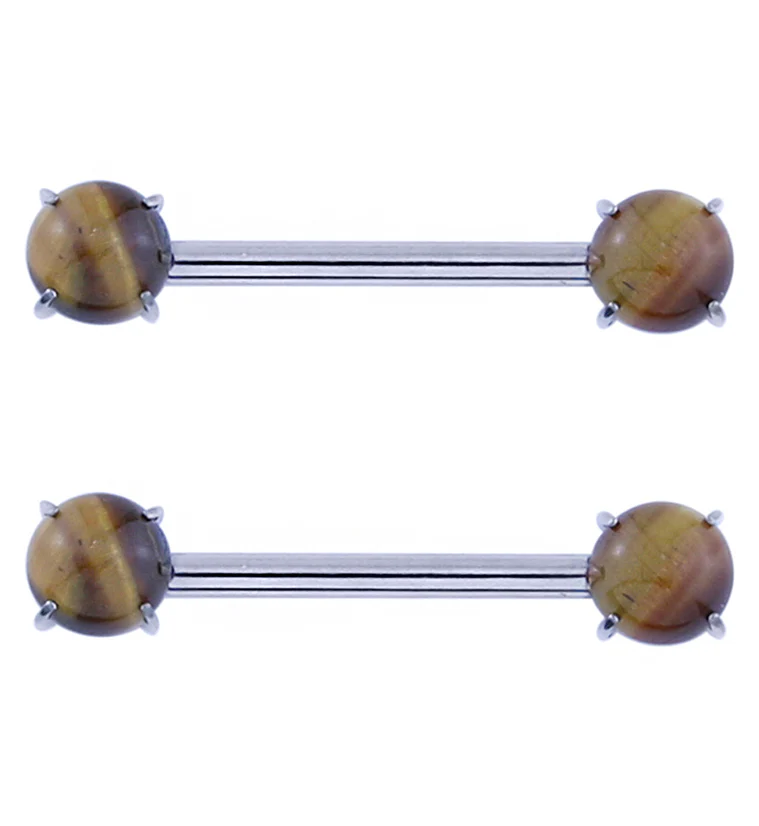 Double Tigers Eye Stone Threadless Titanium Nipple Barbells - Mrs Treak