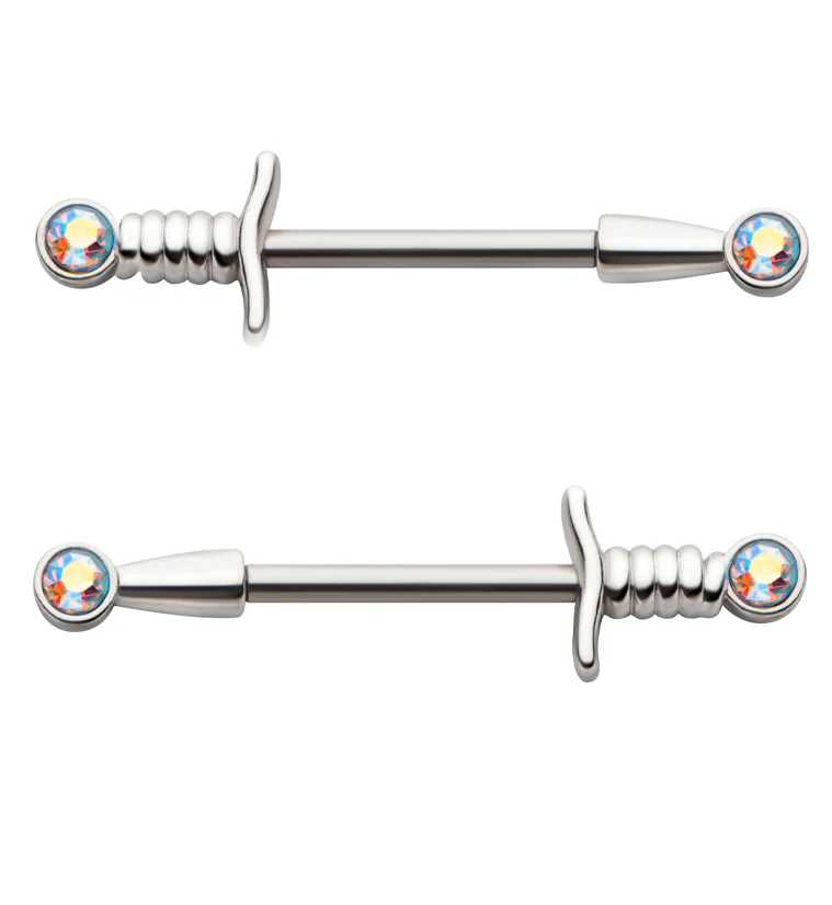 Rainbow Aurora CZ Dagger Stainless Steel Nipple Barbell - Mrs Treak