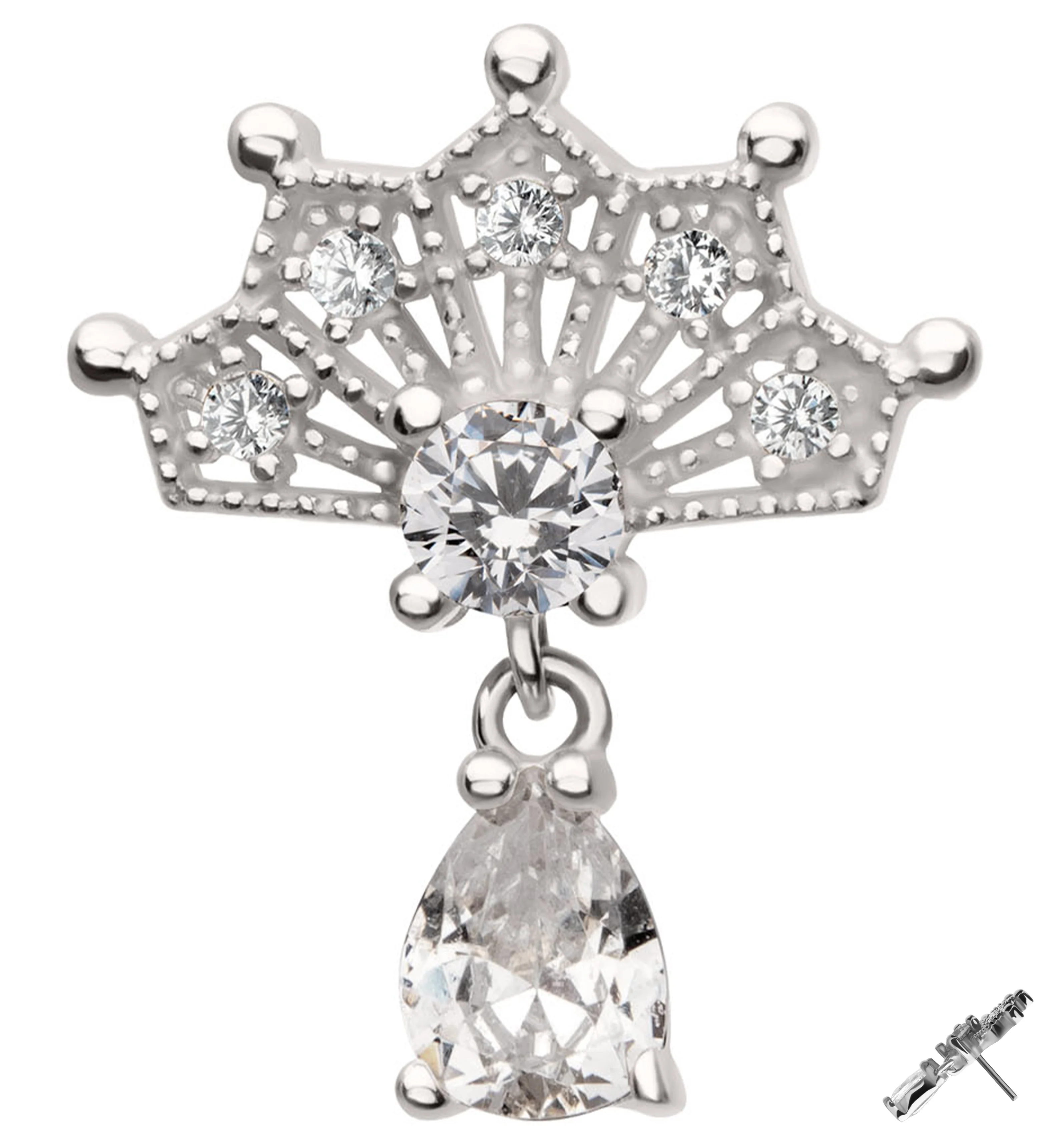 14kt White Gold Vane Clear CZ Teardrop Dangle Threadless Top - Mrs Treak