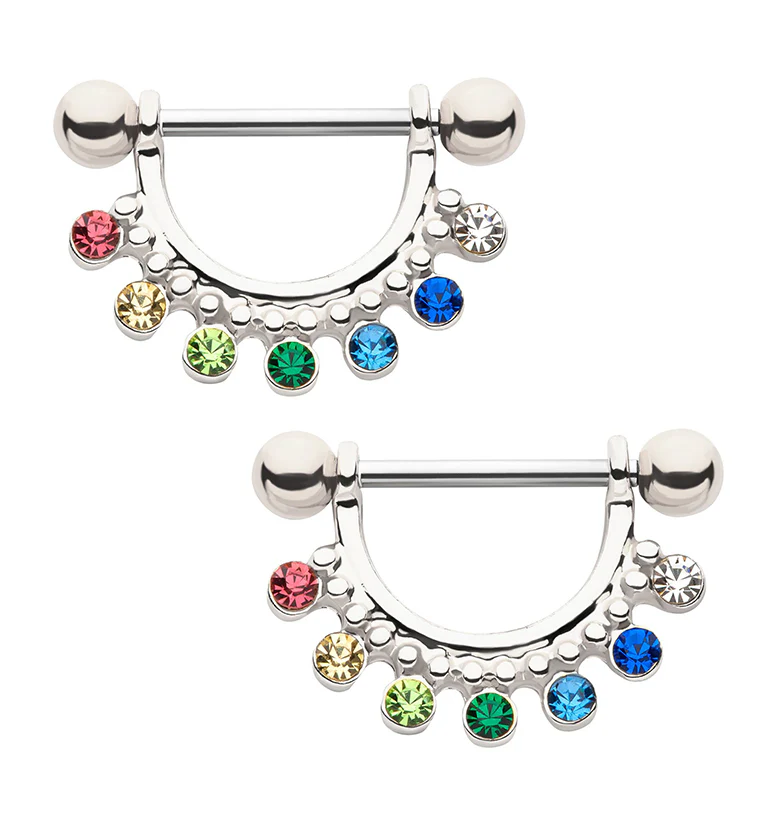 Rainbow CZ Beads Nipple Ring Barbell - Mrs Treak