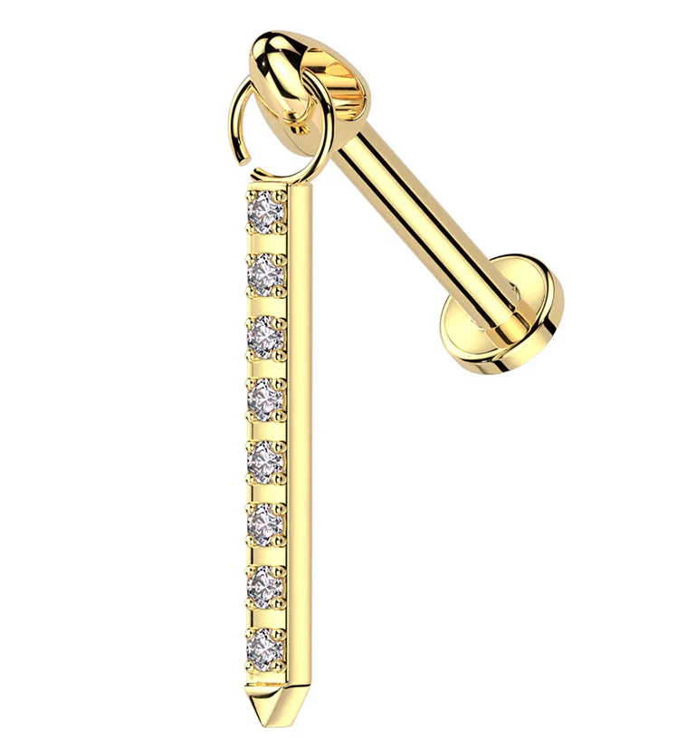 Gold PVD Pave Clear CZ Dangle Post Internally Threaded Titanium Labret - Mrs Treak