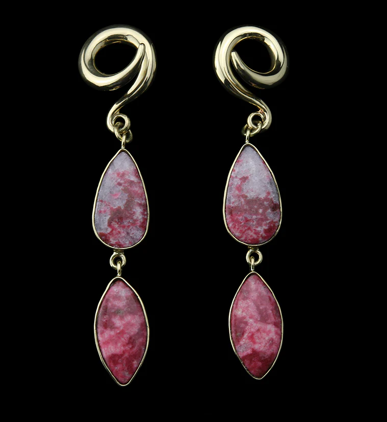 Double Pink Agate Stone Brass Ear Weights Version 1 - Mrs Treak