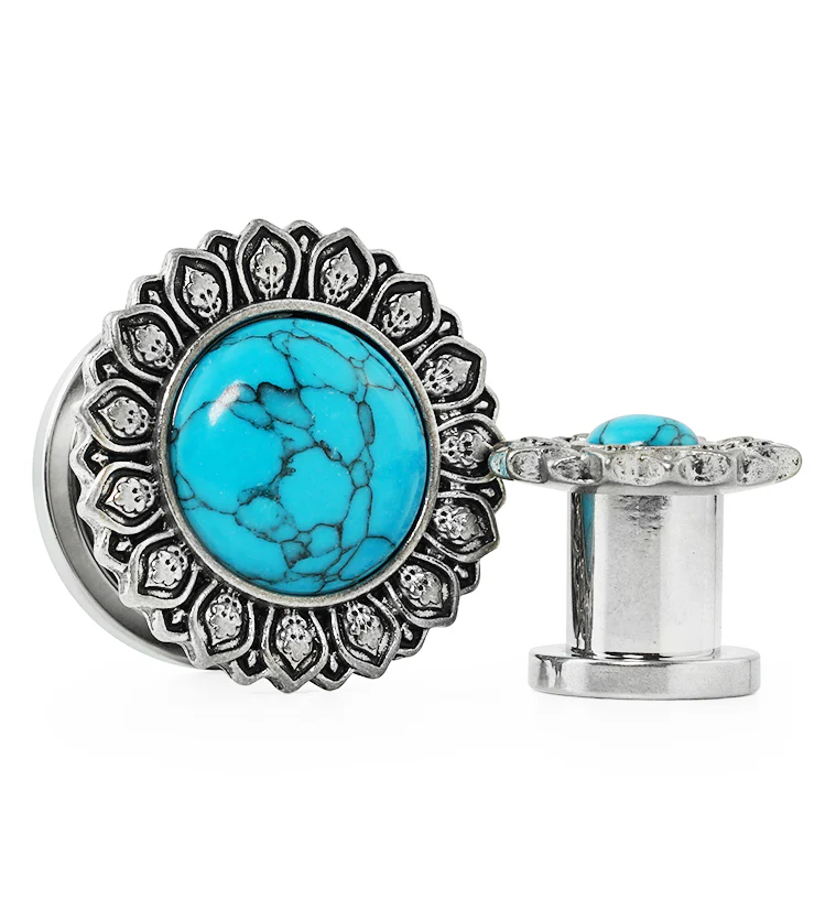 Lotus Flower Howlite Turquoise Stainless Steel Tunnel Plugs - Mrs Treak