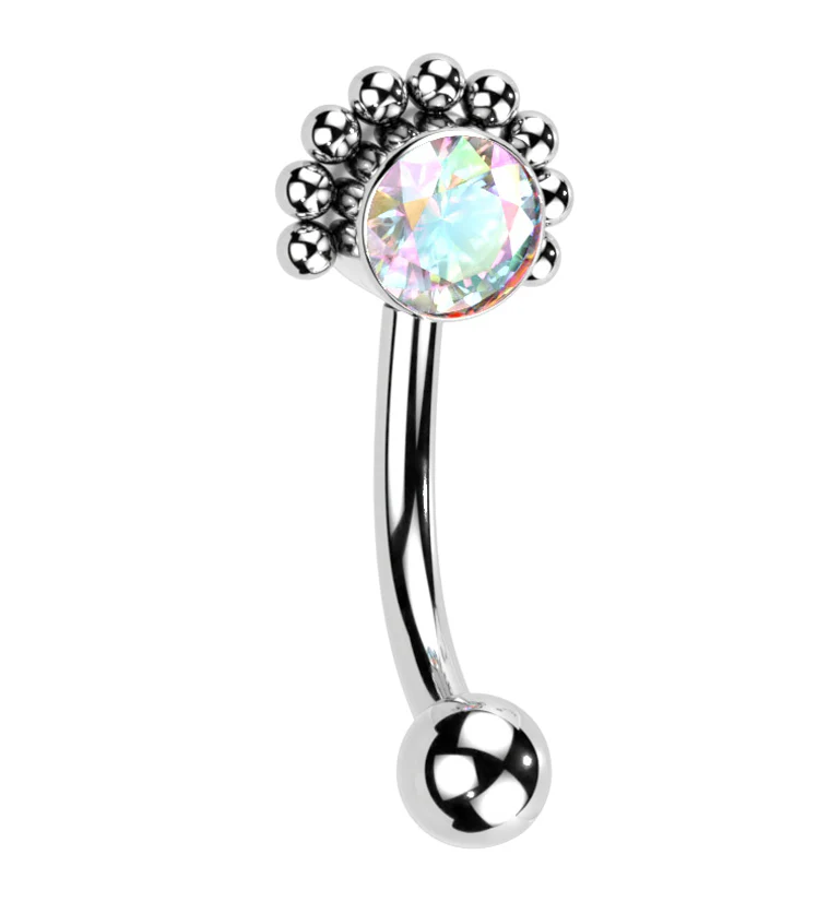 Beaded Rainbow Aurora CZ Titanium Threadless Curved Barbell - Mrs Treak