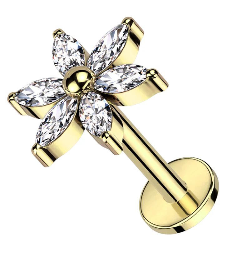 Gold PVD Senary Flower Clear CZ Internally Threaded Titanium Labret - Mrs Treak
