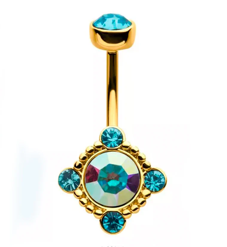 Gold PVD Rainbow Aurora and Aqua CZ Noble Belly Button Ring - Mrs Treak