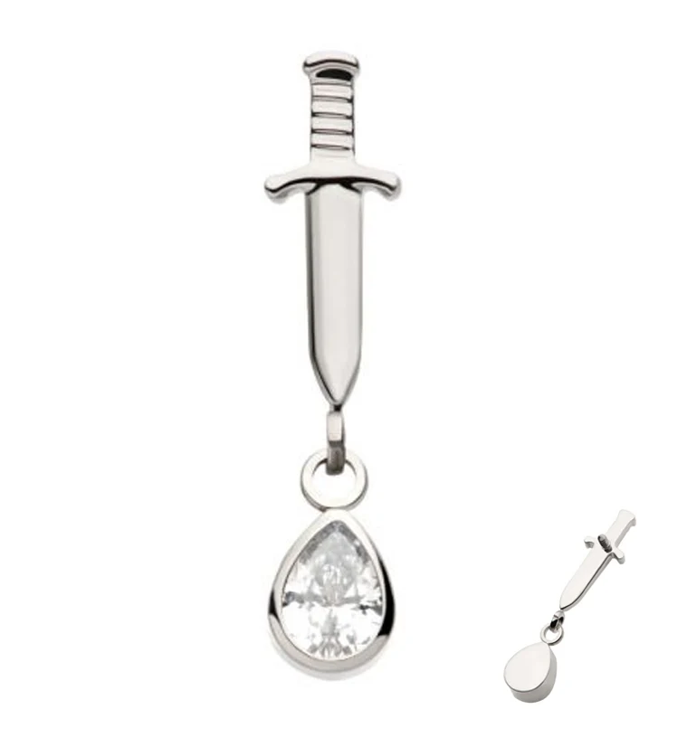 Dagger Dangle Teardrop Clear CZ Internally Threaded Top - Mrs Treak