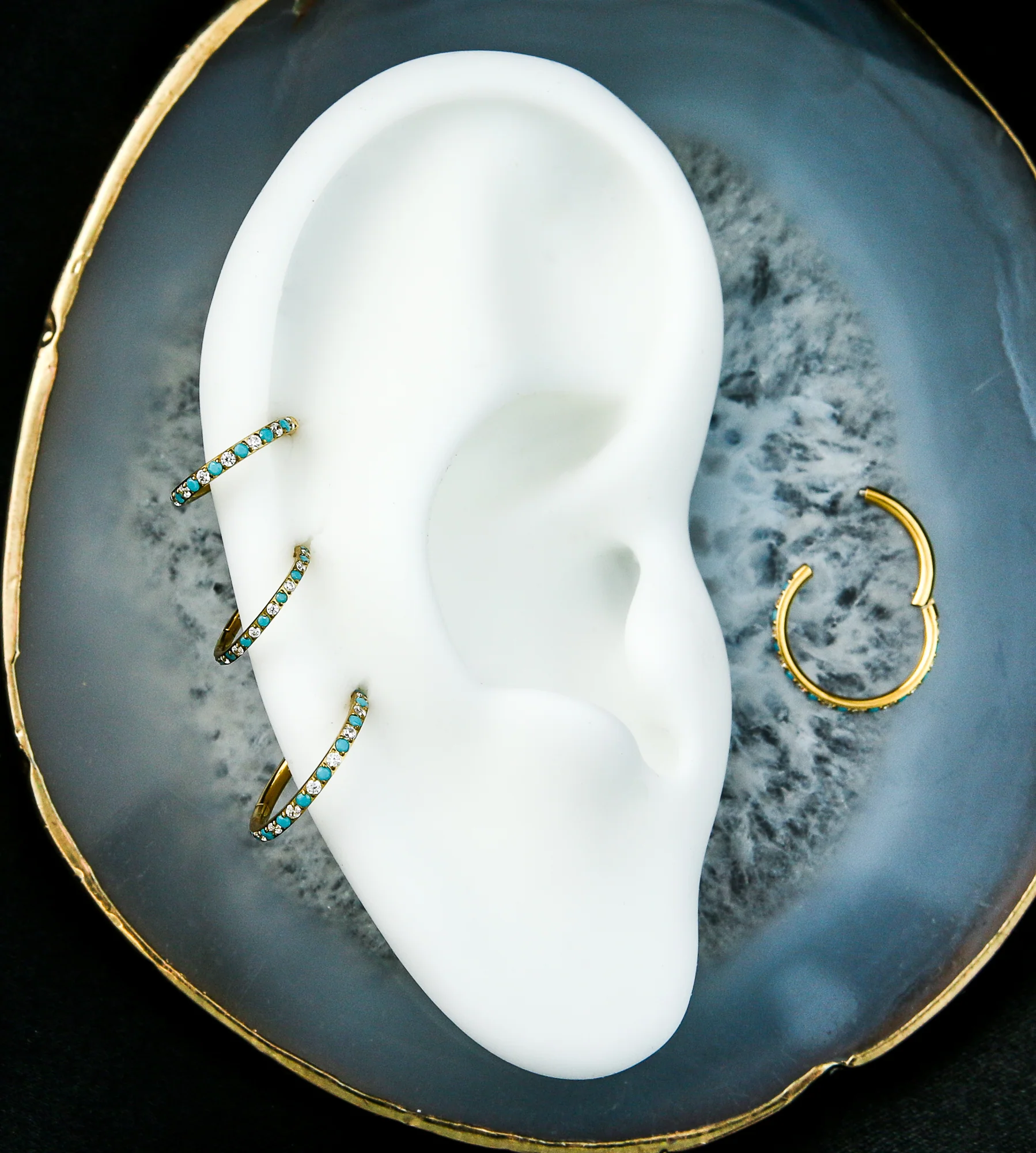 Gold PVD Side Facing Clear CZ Turquoise Titanium Hinged Segment Ring - Mrs Treak