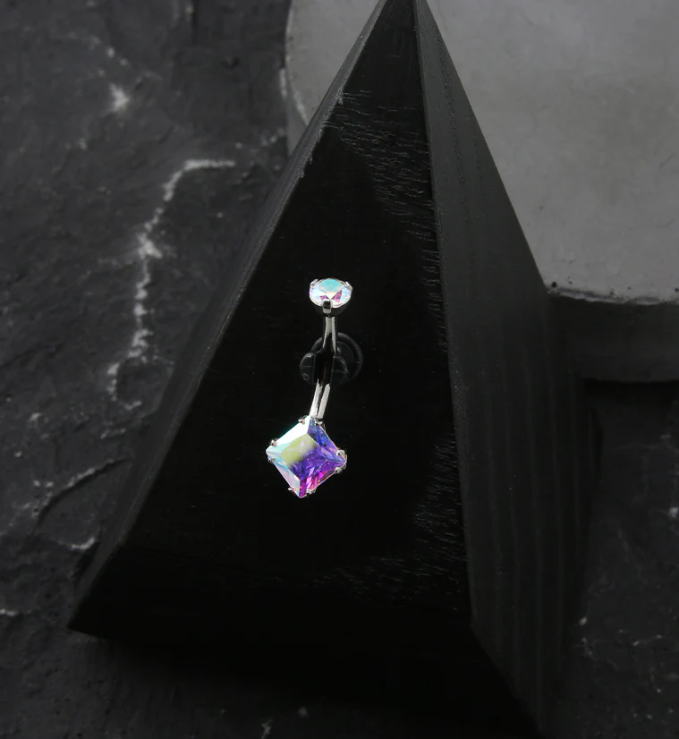 Square Rainbow Aurora CZ Internally Threaded Titanium Belly Button Ring - Mrs Treak