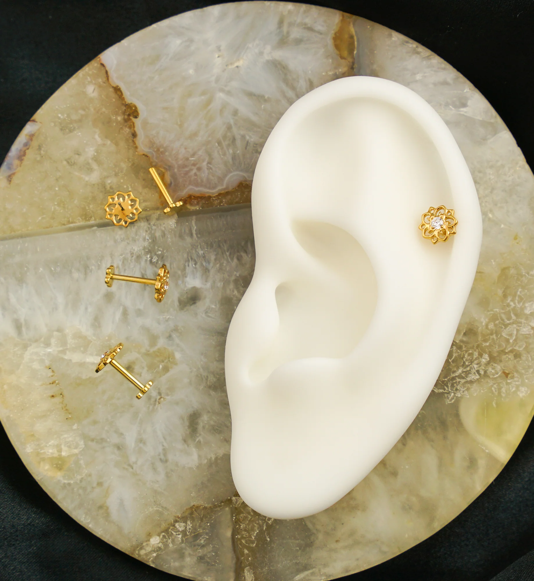 Gold PVD Flower Urge Clear CZ Threadless Titanium Flower Back Labret - Mrs Treak