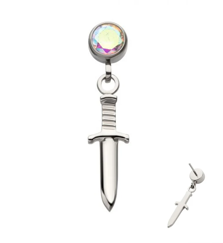 Rainbow Aurora CZ Dagger Dangle Threadless Top - Mrs Treak