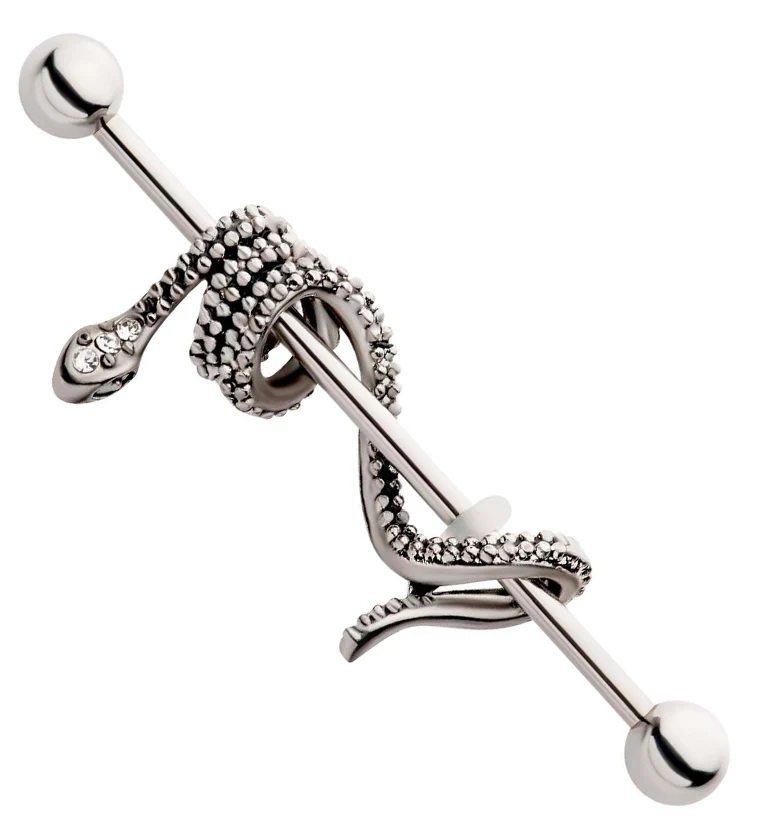 Wrapped Snake CZ Stainless Steel Industrial Barbell - Mrs Treak