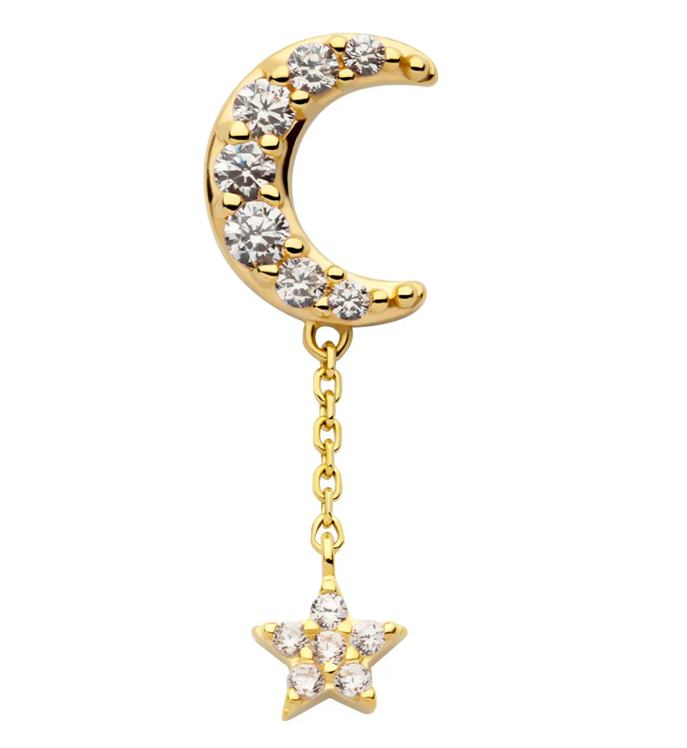 14kt Gold Crescent Moon CZ Dangle Star Threadless Top - Mrs Treak