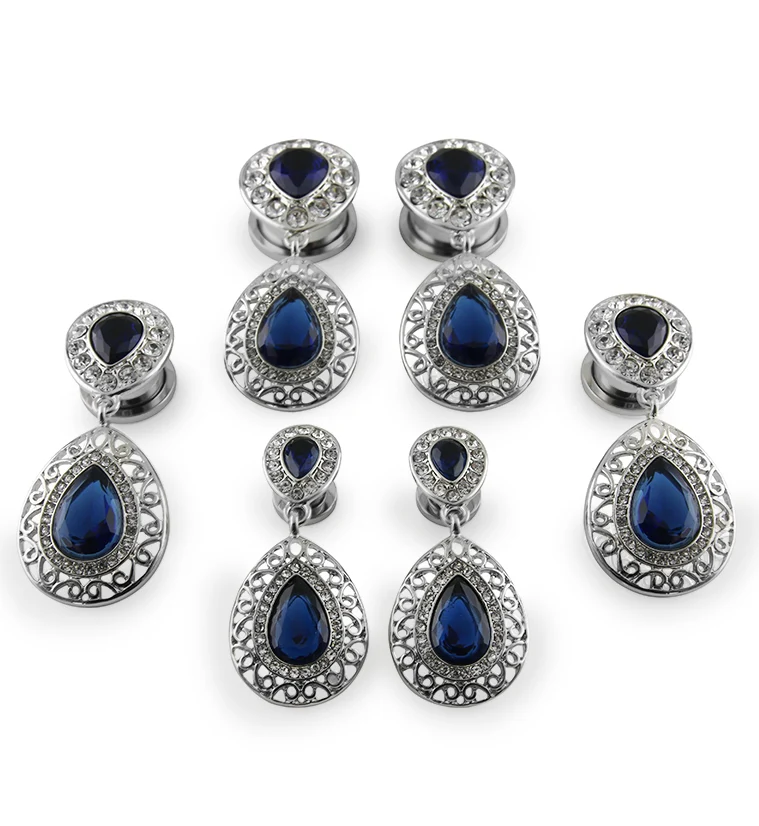 Blue Teardrop CZ Dangle Stainless Steel Tunnels - Mrs Treak