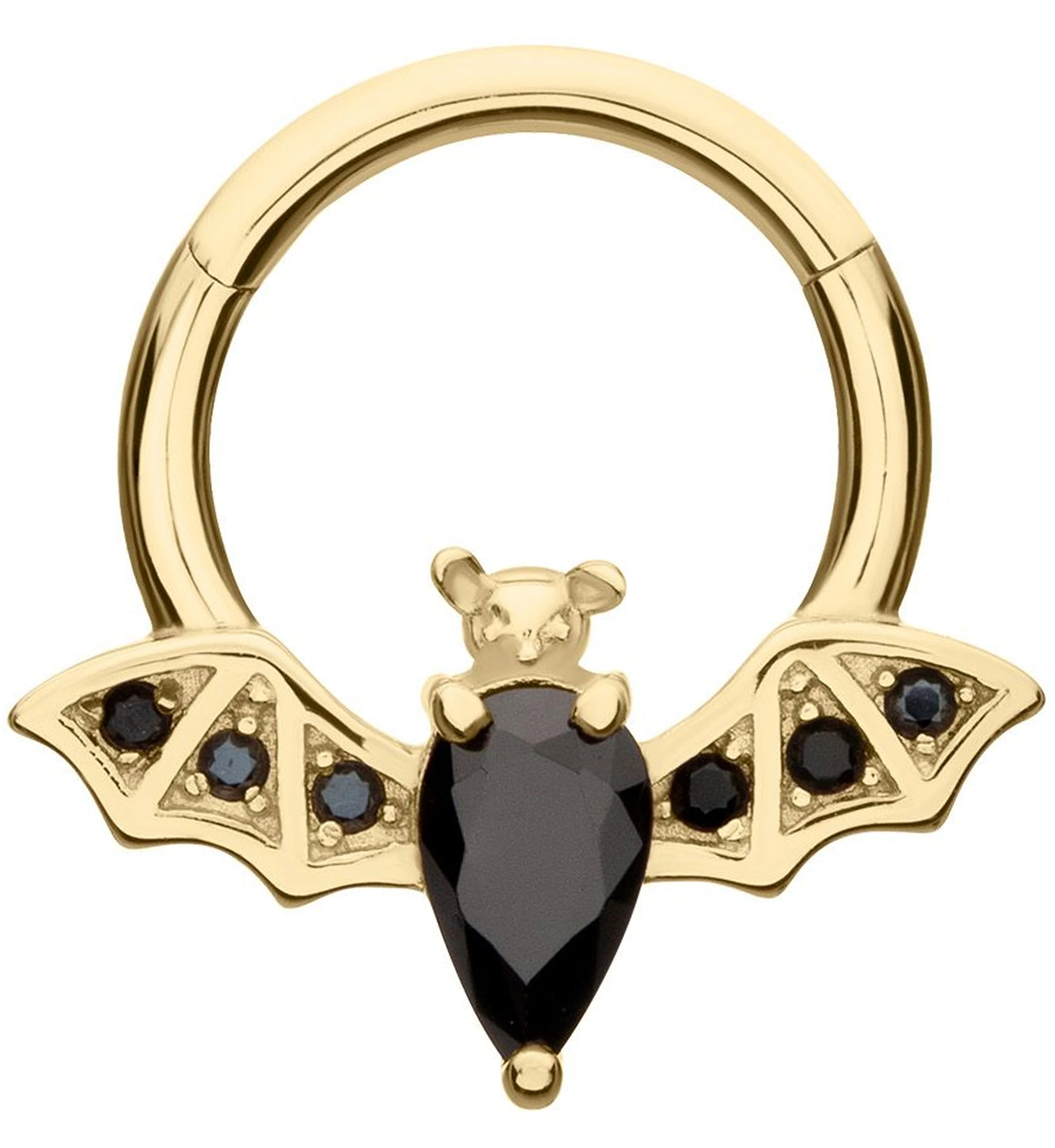 14kt Gold Flying Bat Black CZ Hinged Segment Ring - Mrs Treak