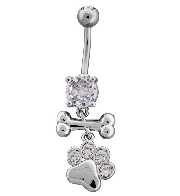 Paw Print And Bone Clear CZ Dangle Stainless Steel Belly Button Ring - Mrs Treak