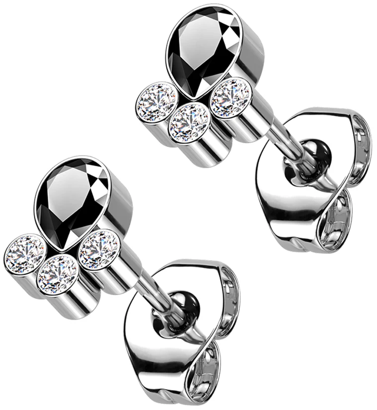 Black Teardrop Cluster CZ Titanium Threadless Earrings - Mrs Treak