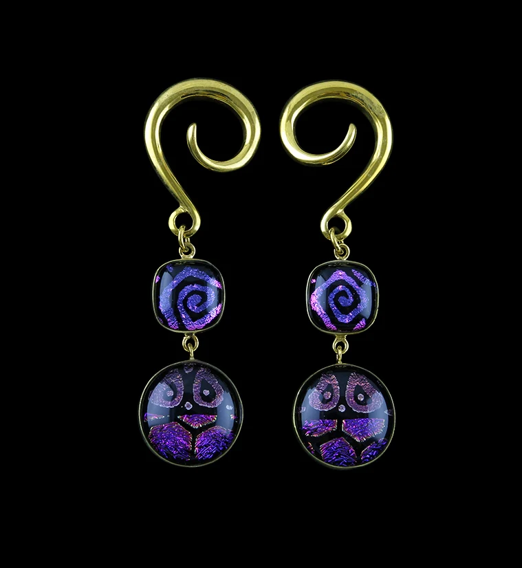 Purple Spiral Glass Cab Brass Ear Weights - Mrs Treak