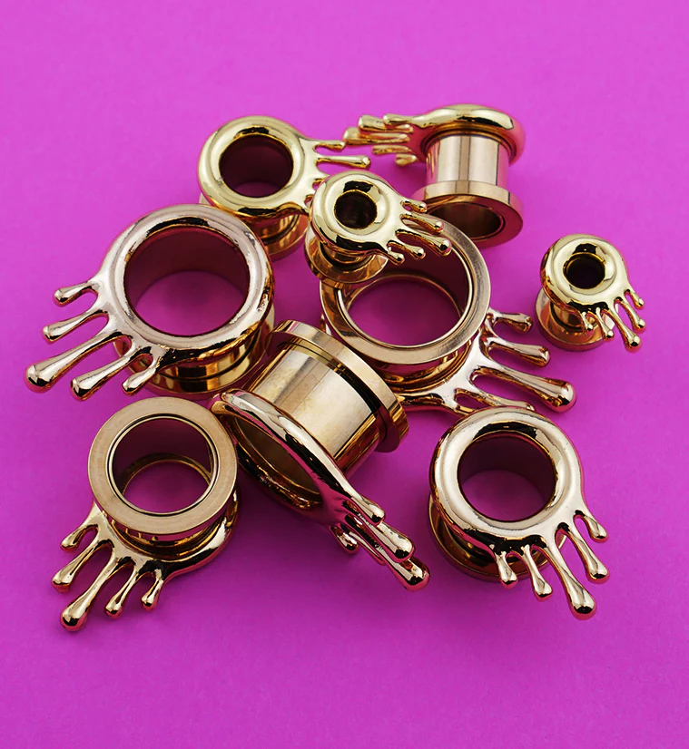 Gold PVD Dripping Stainless Steel Screw Back Tunnel Plugs - Mrs Treak