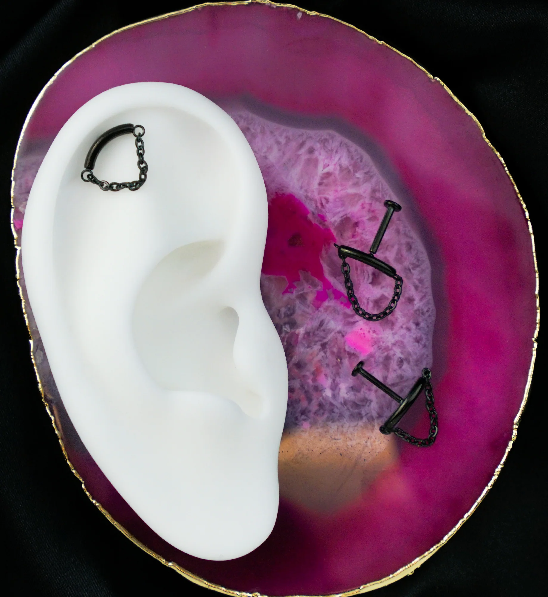 Black PVD Curved Bar Dangle Chain Titanium Threadless Labret - Mrs Treak