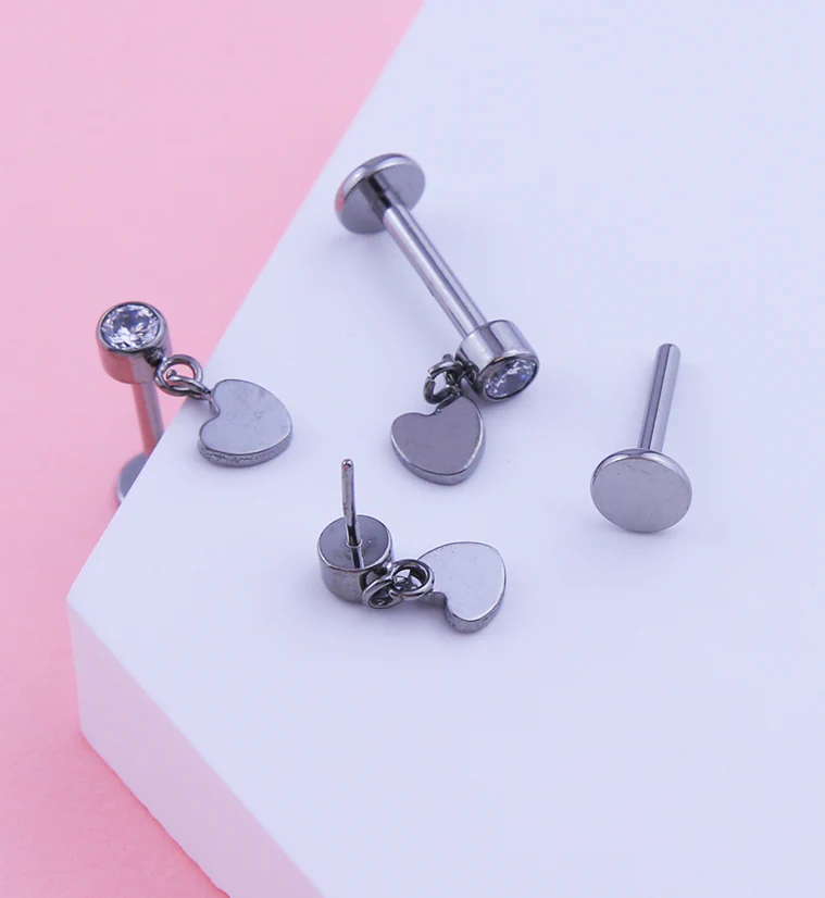 Heart Dangle Clear CZ Titanium Threadless Labret - Mrs Treak