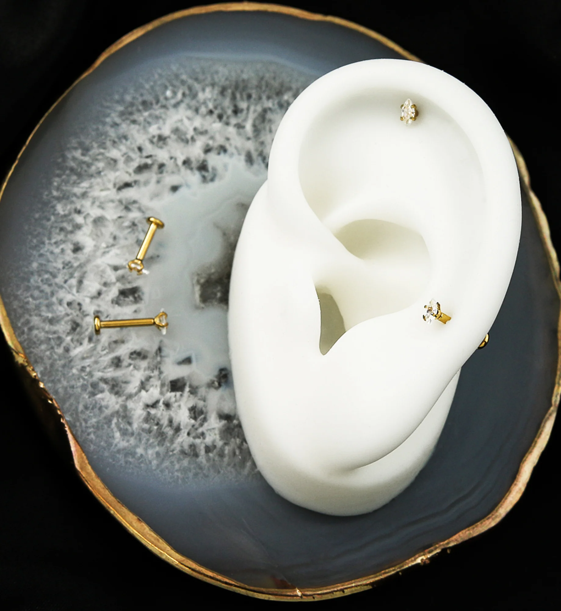 Gold PVD Marquise Clear CZ Internally Threaded Titanium Labret Post - Mrs Treak