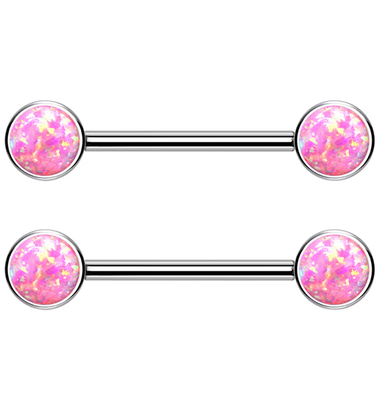 Dual Bezel Pink Opalite Titanium Threadless Nipple Ring Barbell - Mrs Treak