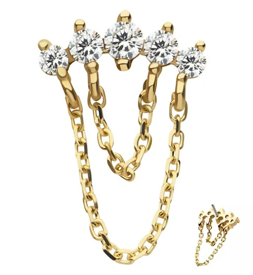 14kt Gold Arc Clear CZ Double Dangle Chains Threadless Top - Mrs Treak